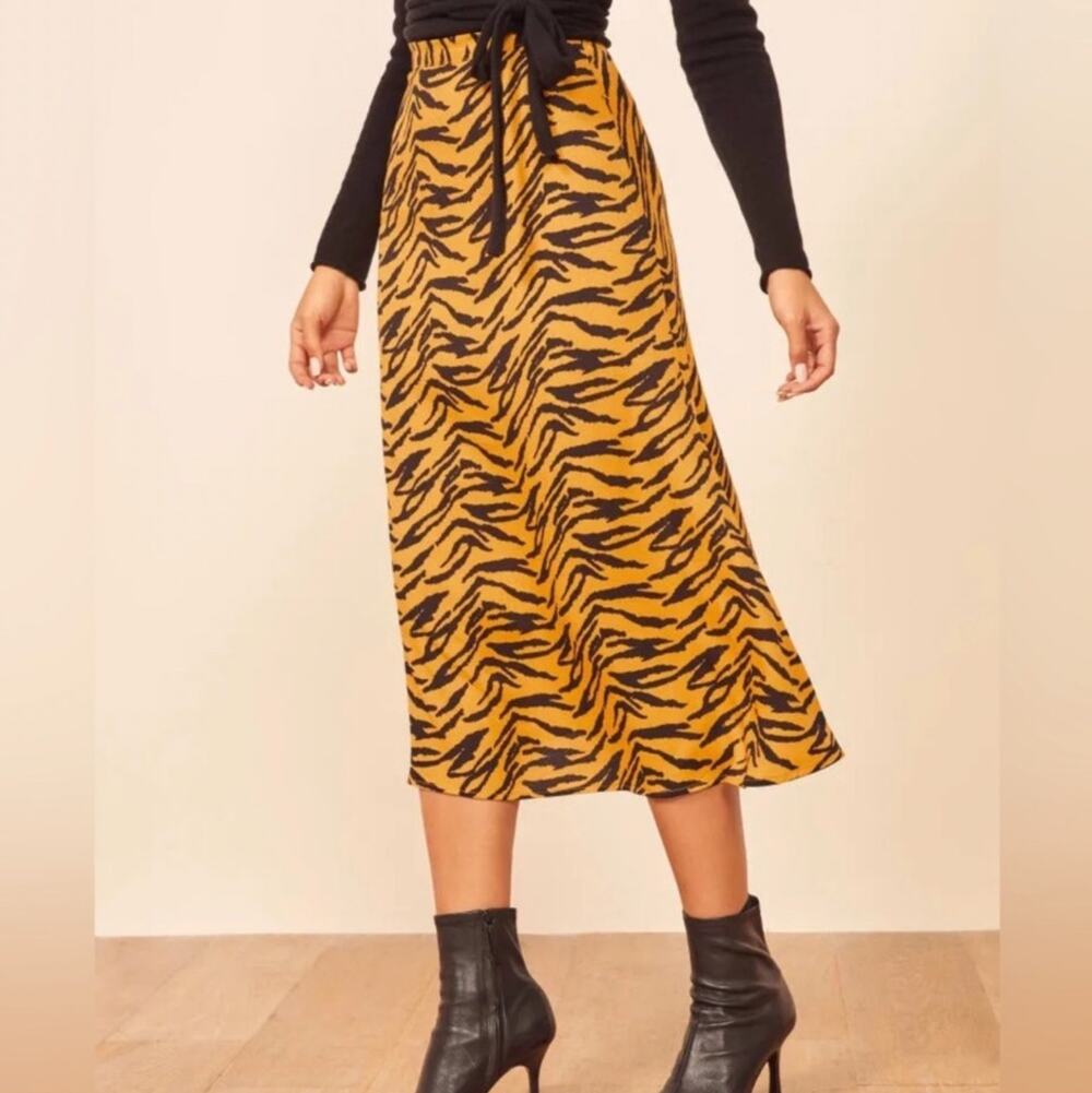 Reformation Midi Skirt Orange Black Tiger Print High Rise Y2K XS 0